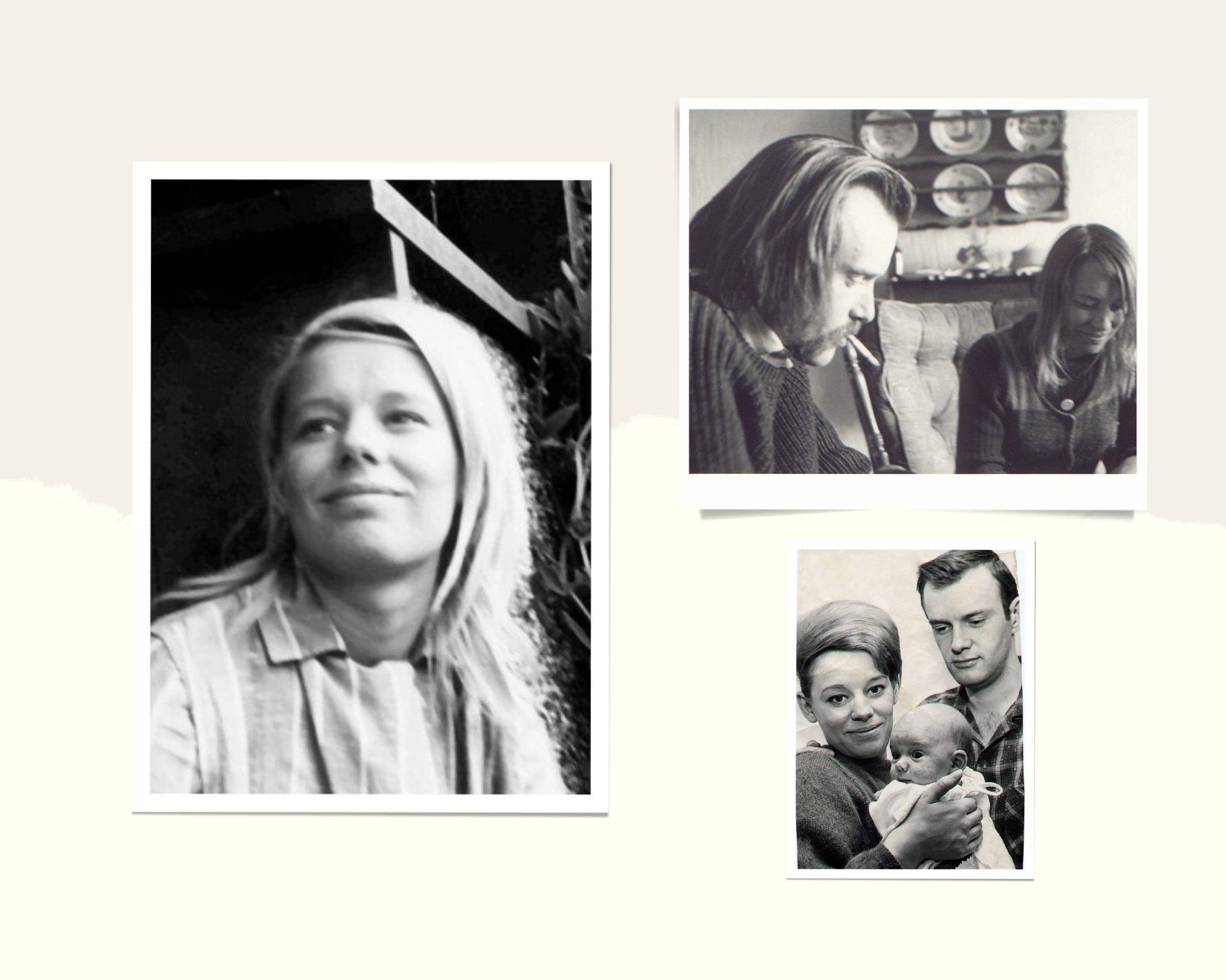 Collage de tres imágenes de Zoe Hunter en las que aparece ju con su compañero, Bob Hunter, y su hija, Justine Hunter